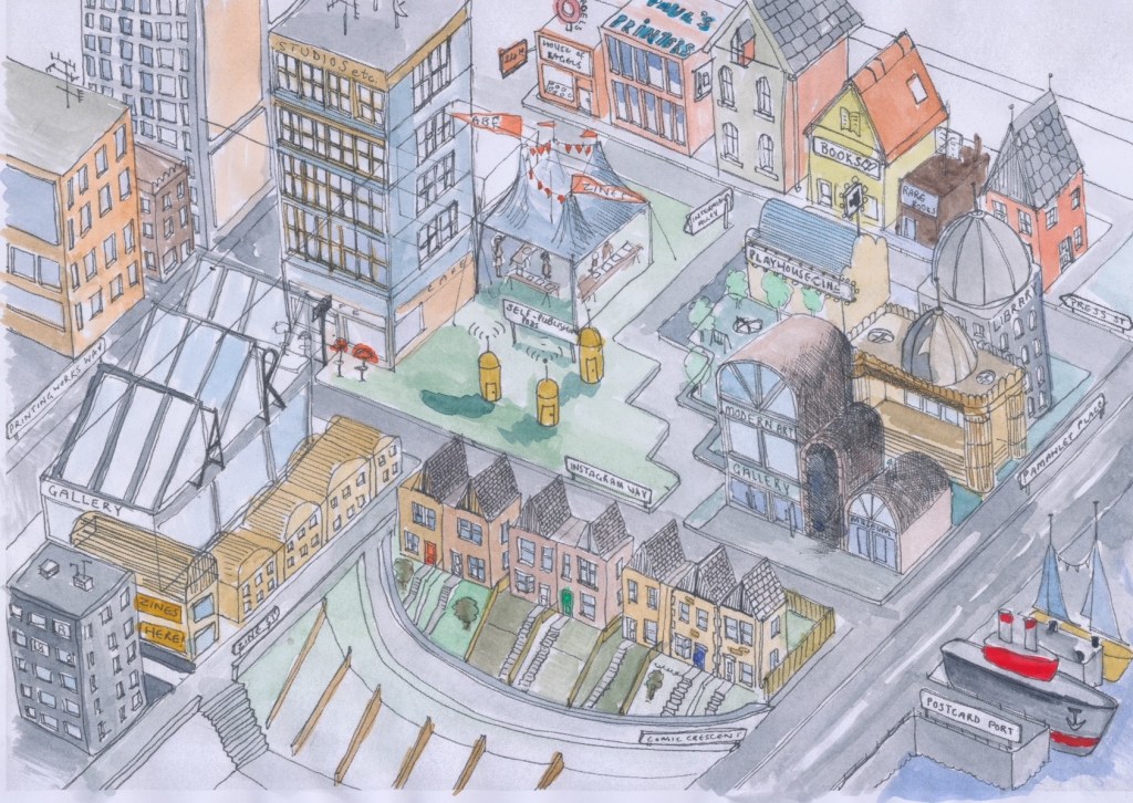 a drawing of the research town with the buildings and streets