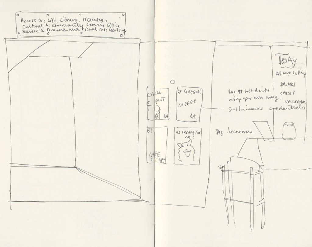 black and white sketch of the cafe area inside BA